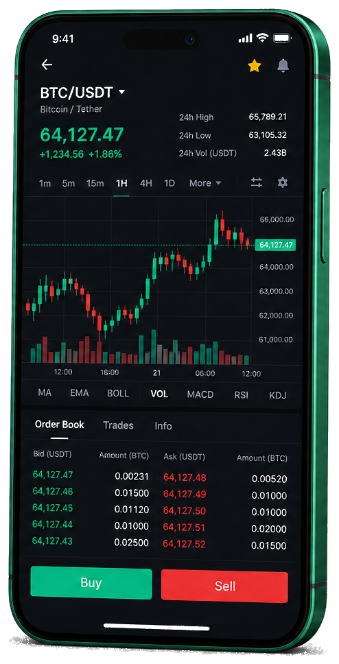 Interface mobile de trading Vision Keflex Fin — prix BTC/USDT en direct, carnet d’ordres et outils de suivi des opérations